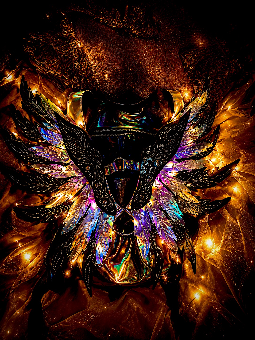 Iridescent handcrafted angel-wing harness glowing among warm fairy lights