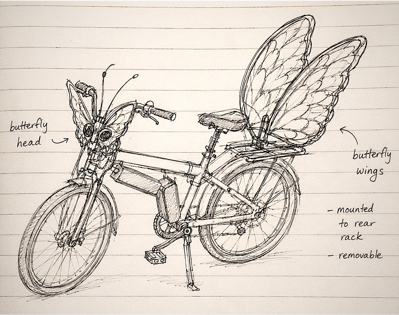 Sketch of a bicycle fitted with a butterfly head and removable butterfly wings on the rear rack