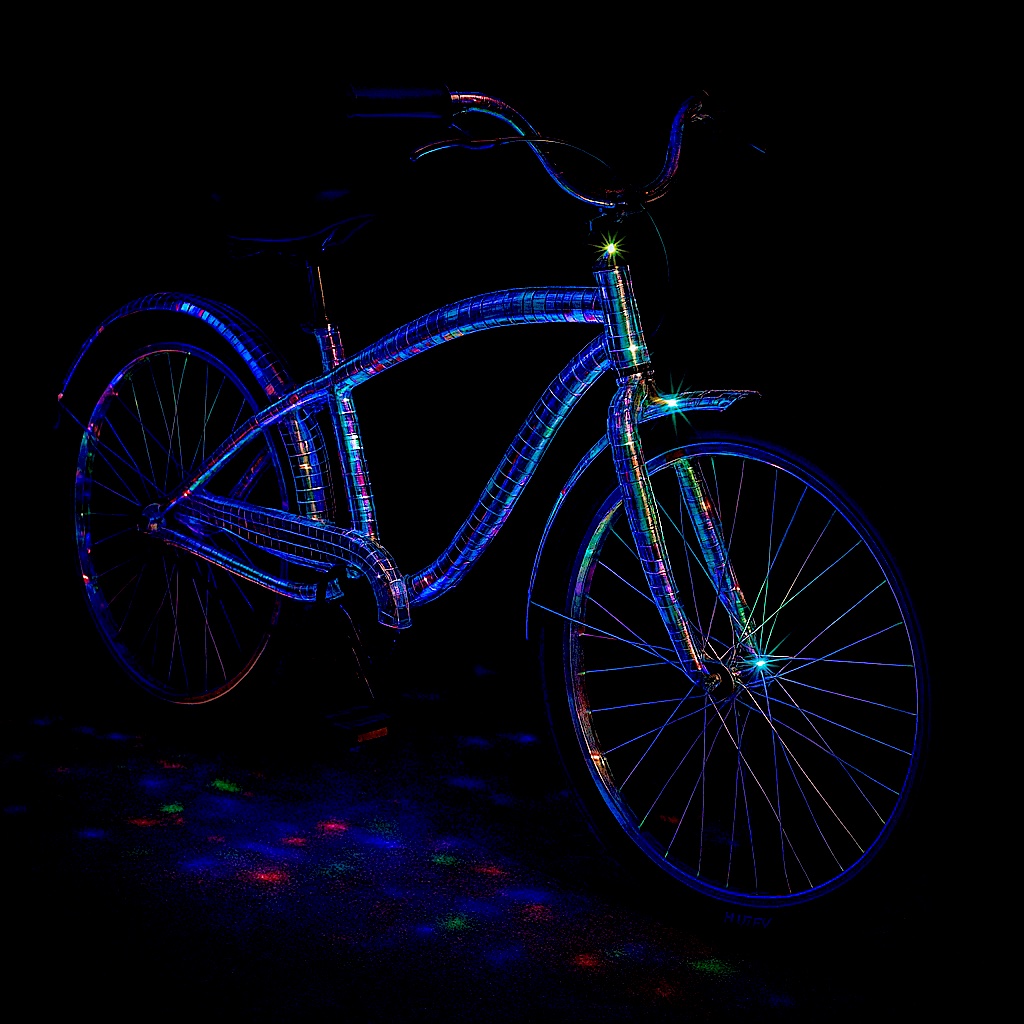 Cruiser bicycle traced in ribbons of blue and green light against black