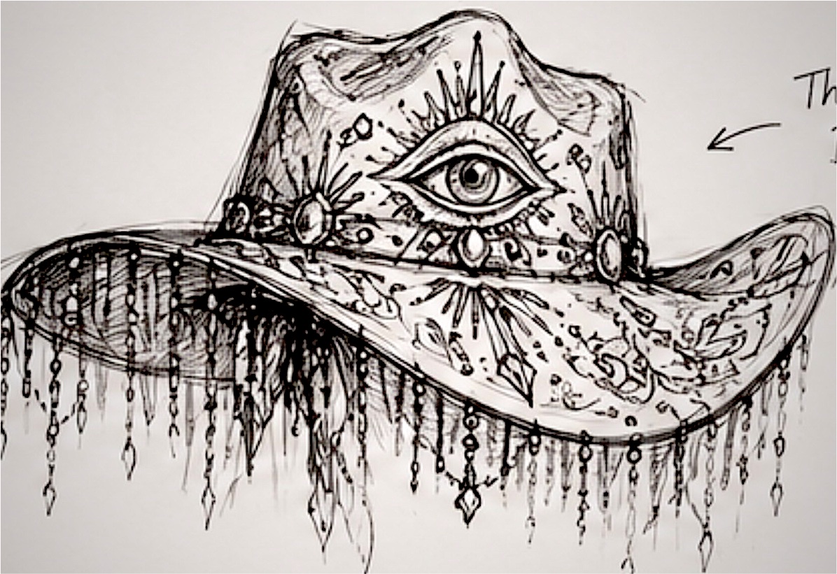 Sketch of a wide-brimmed hat with an all-seeing eye, sunbursts and chains of beads hanging from the brim